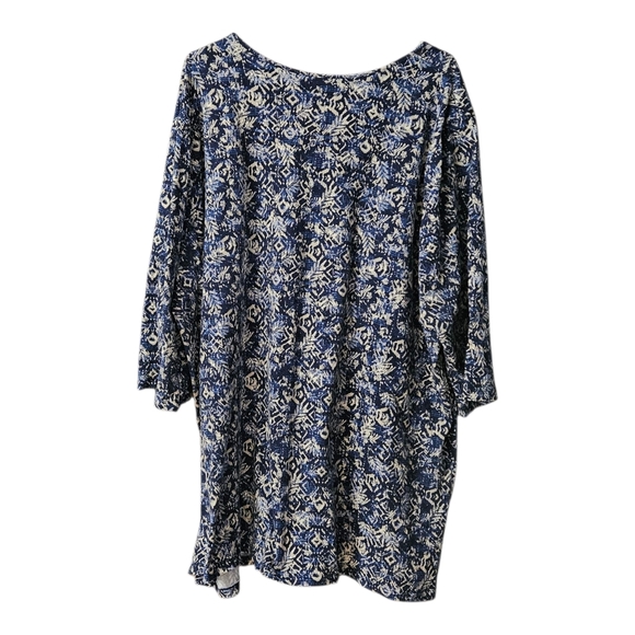 Catherines Patterned Top Women's Size 3X Detailed Neckline Blue Cream 3/4 Sleeve - Picture 2 of 12